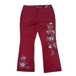 DG2 Diane Gilman Maroon Floral Embroidered Bootcut Pants Stretchy Slimming PXL
